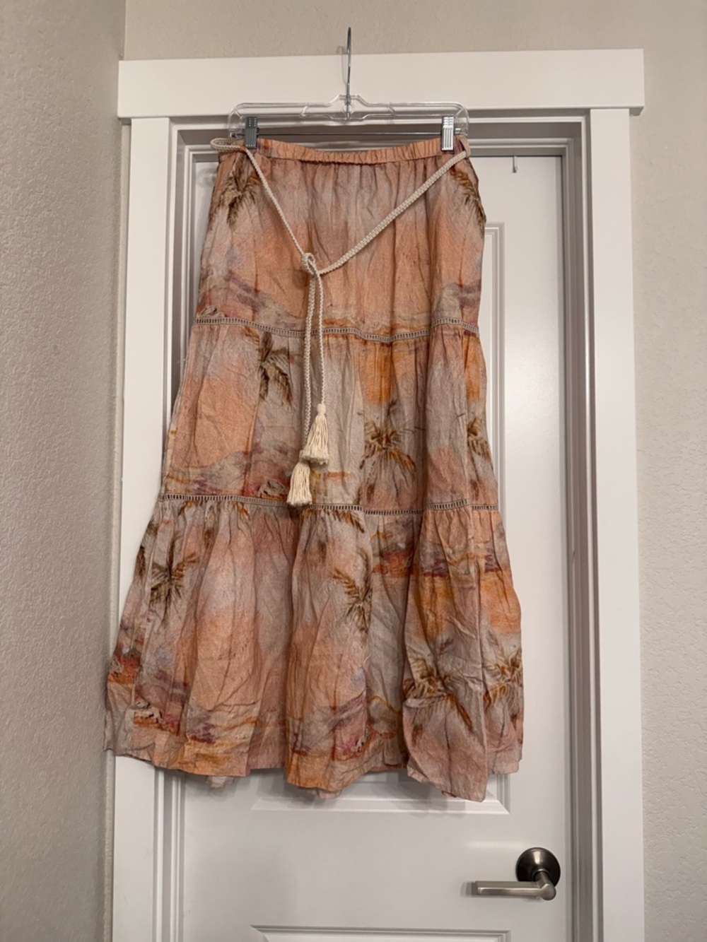 Rachel Zoe Peach Palm-Print Tiered Maxi Skirt